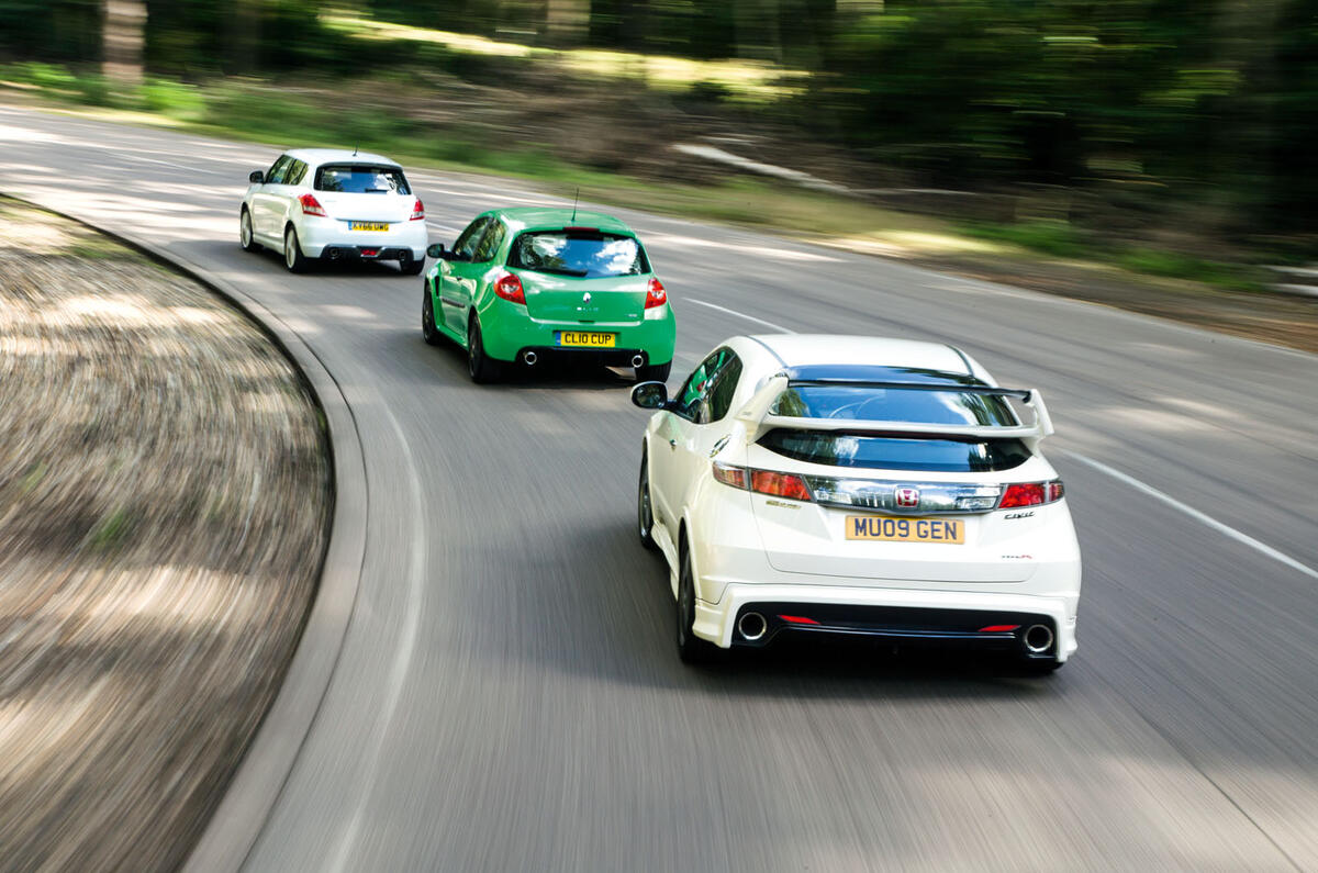 Suzuki Swift Sport vs Honda Civic Type R Mugen vs Renault Clio Cup 
