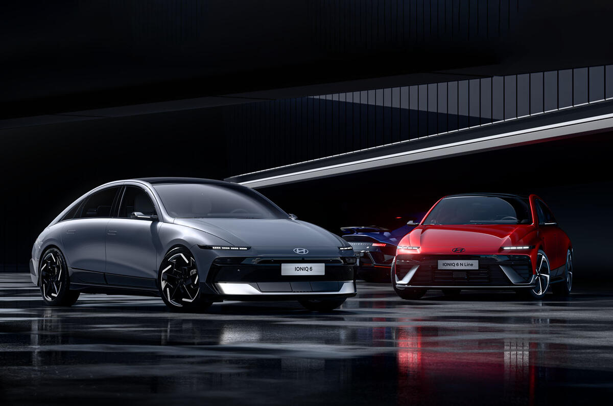 New 2025 Hyundai Ioniq 6 in grey and Ioniq 6 N Line in red, with Ioniq 6 N in the background New 2025 Hyundai Ioniq 6 in grey and Ioniq 6 N Line in red, with Ioniq 6 N in the background