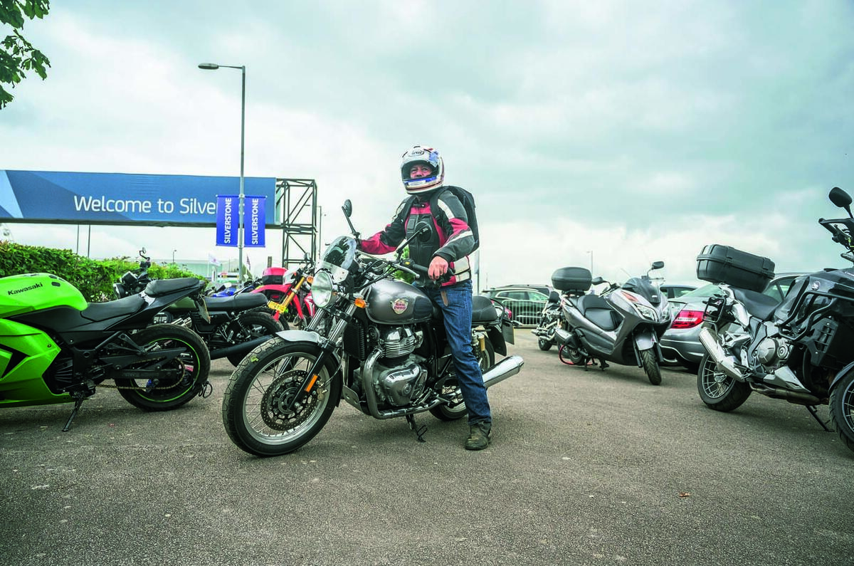 Colin Goodwin arrives at Silverstone by motorbike