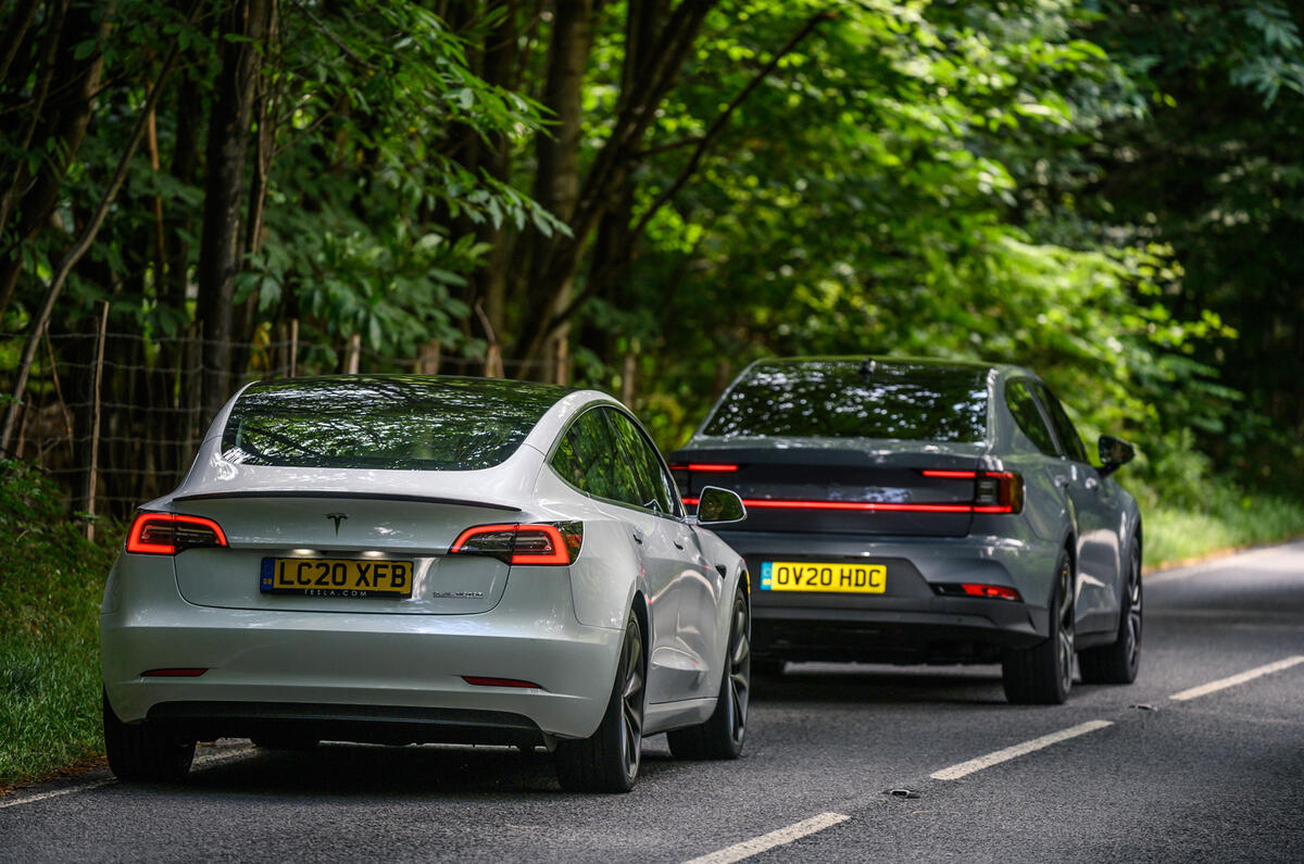 2020 Polestar 2 vs Tesla Model 3 - rear 2020 Polestar 2 vs Tesla Model 3 - rear