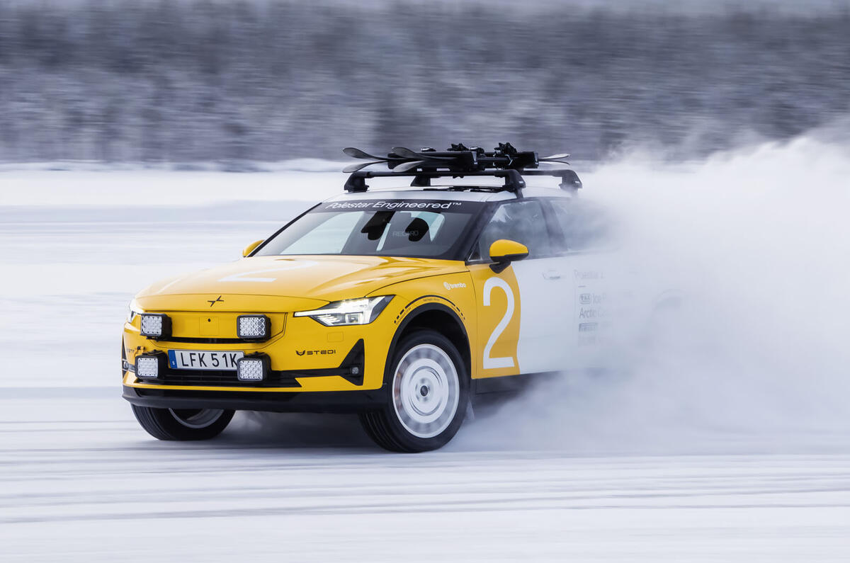 Polestar 2 Arctic Circle front quarter sliding Polestar 2 Arctic Circle front quarter sliding