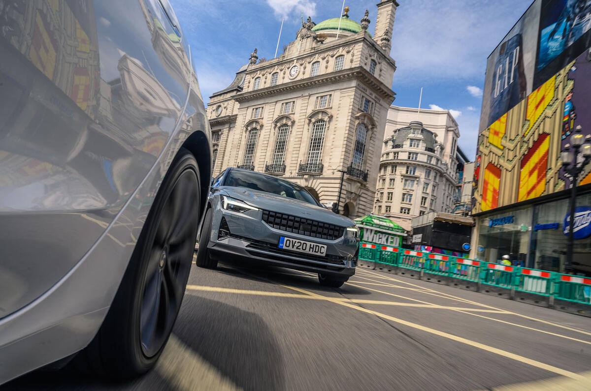 Polestar 2 driving Piccadilly Circus