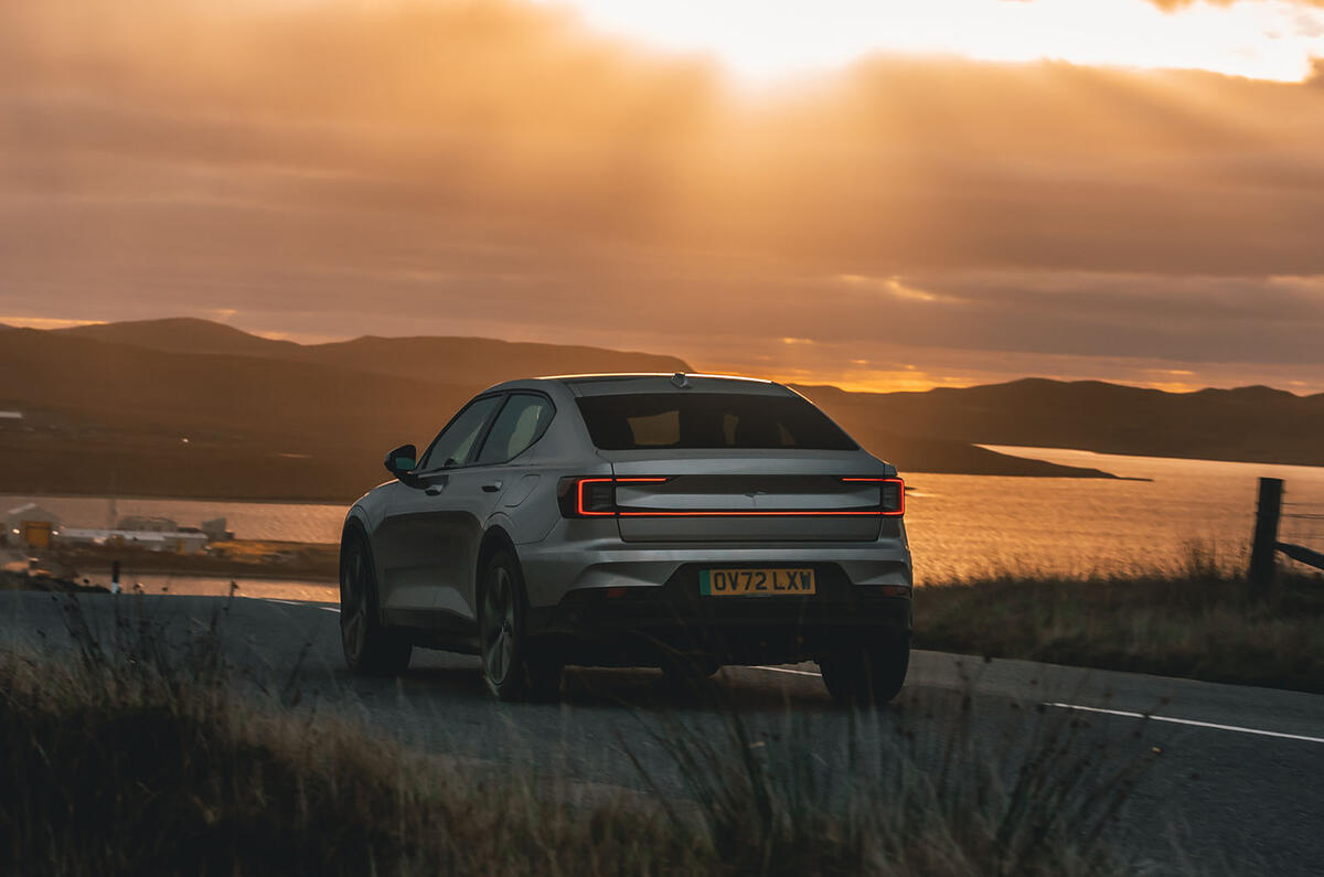 Polestar 2 rear three quarter sunset