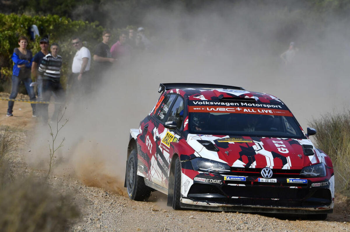 The Polo R5 competing in a rally event - front 3/4