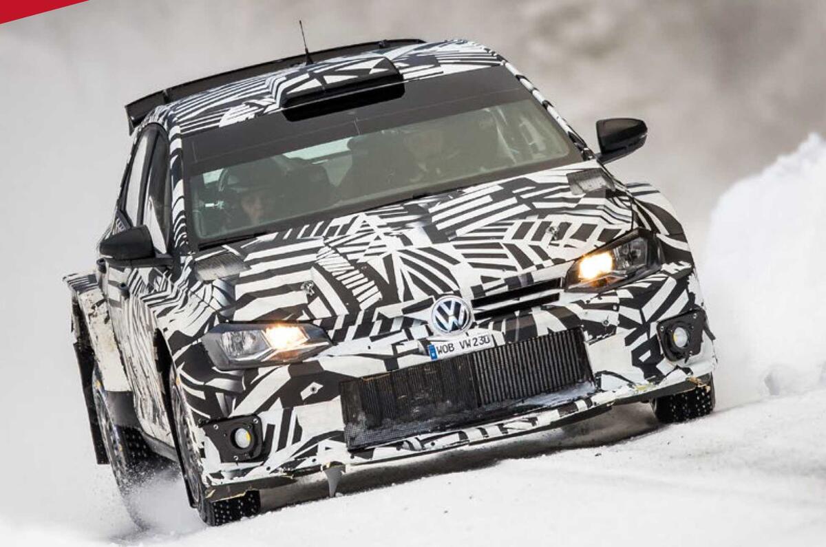 The Polo R5 participating on a snowy rally stage