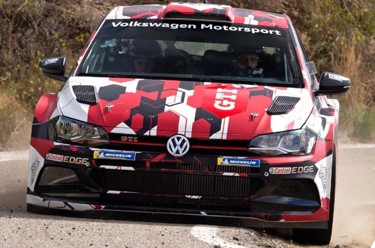 Front view of the Polo R5 on a rally stage