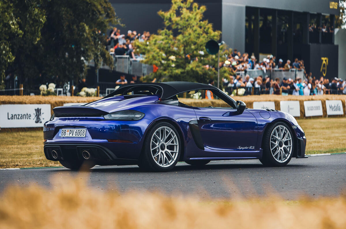 Porsche 718 Boxster Spyder GT4 RS Goodwood rear quarter Porsche 718 Boxster Spyder GT4 RS Goodwood rear quarter