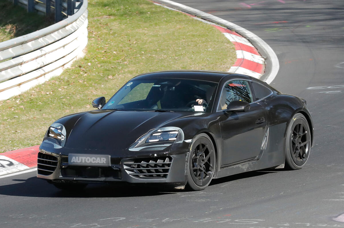 Porsche 718 Cayman EV mule front quarter tracking