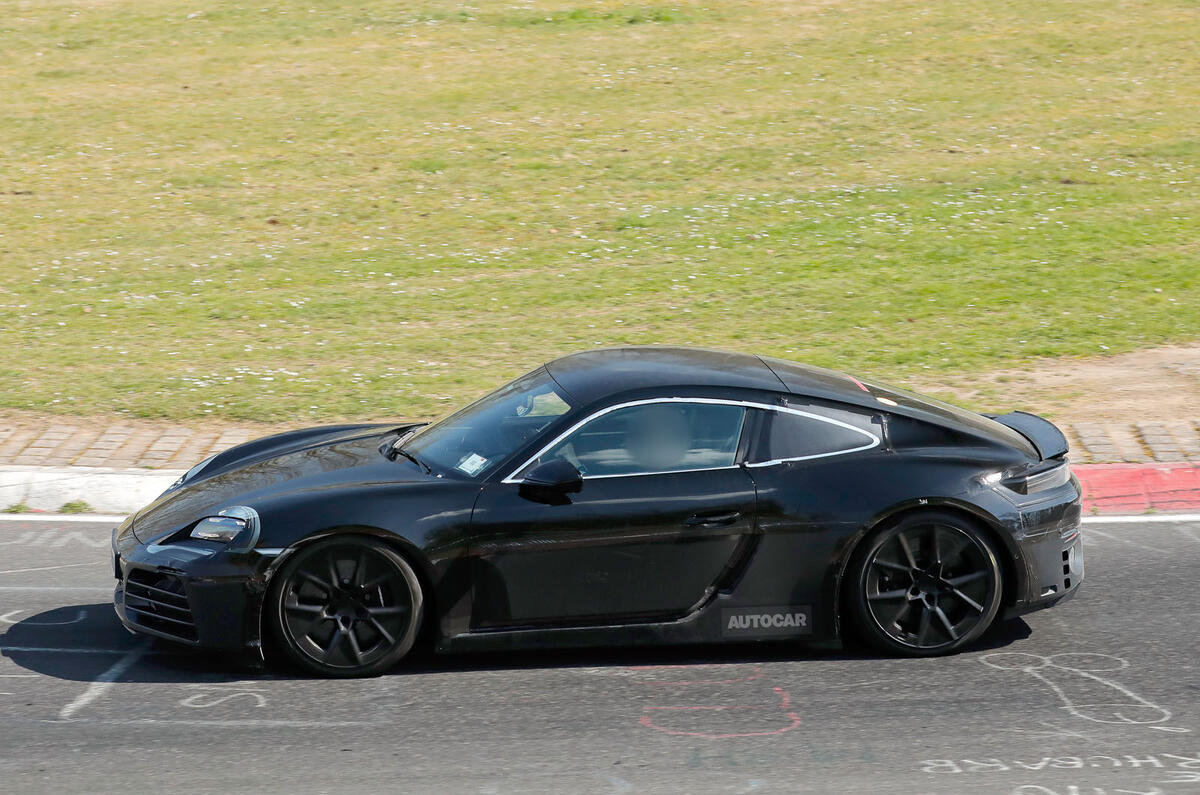 Porsche 718 Cayman EV mule side tracking Porsche 718 Cayman EV mule side tracking