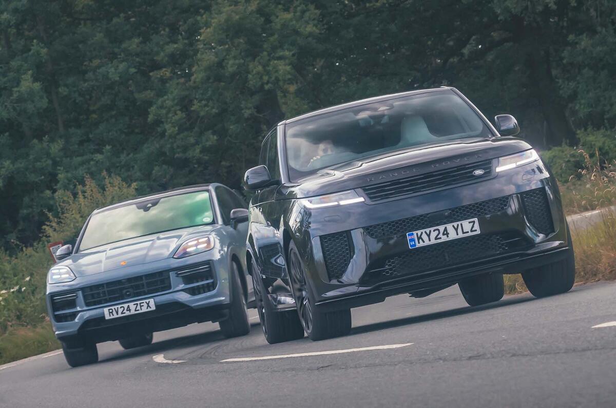 Range Rover Sport SV VS Porsche Cayenne E Hybrid Coupe front cornering pair