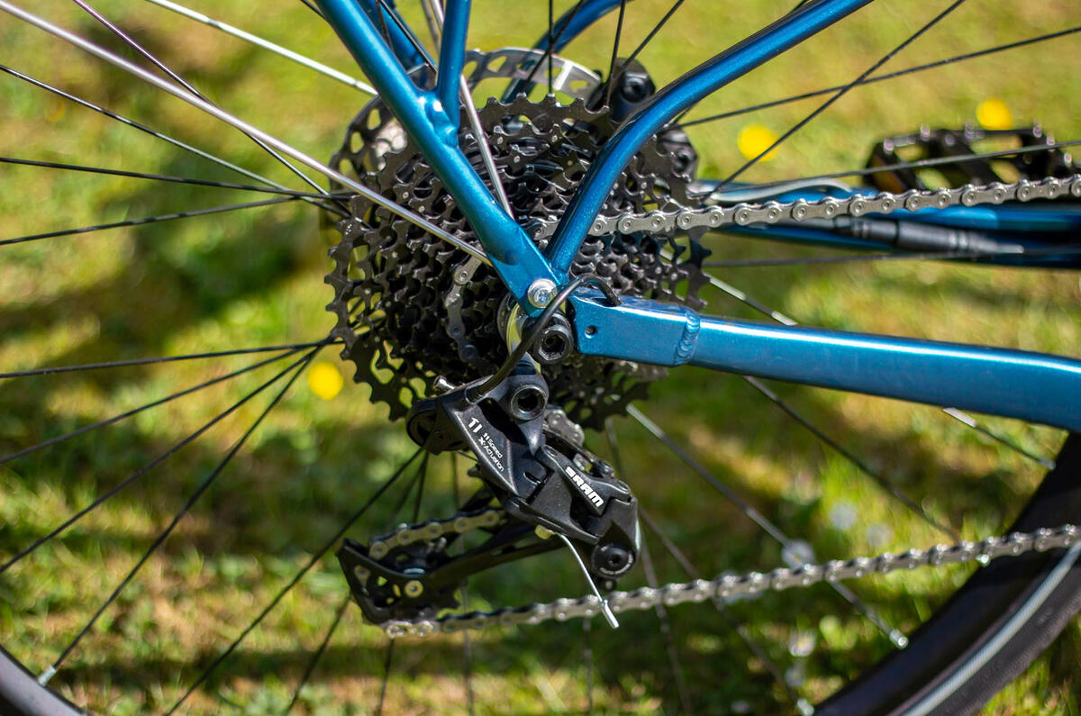 The Ribble Hybrid AL e has an 11-speed SRAM NX groupset and a wide range of gears on the cassette