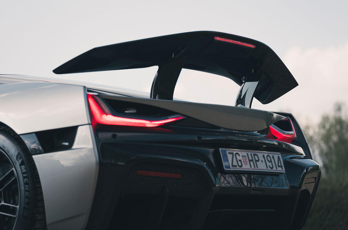 Rimac Nevera 2023 rear spoiler detail Rimac Nevera 2023 rear spoiler detail