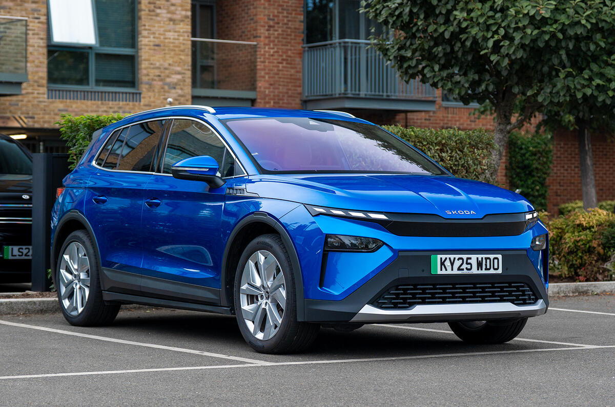 Blue Skoda Elroq parked in a bay viewed from the front three-quarter