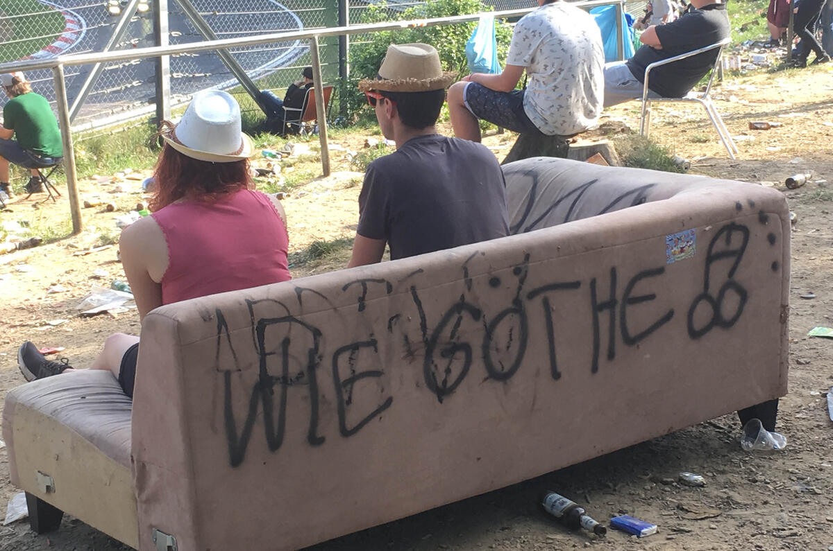 "I fear the lounge suite may never be the same again, dear. Told you we should have brought camping chairs."