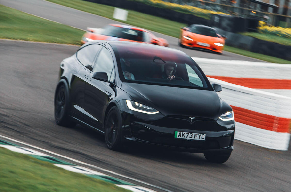 Tesla Model X Plaid front quarter tracking Goodwood