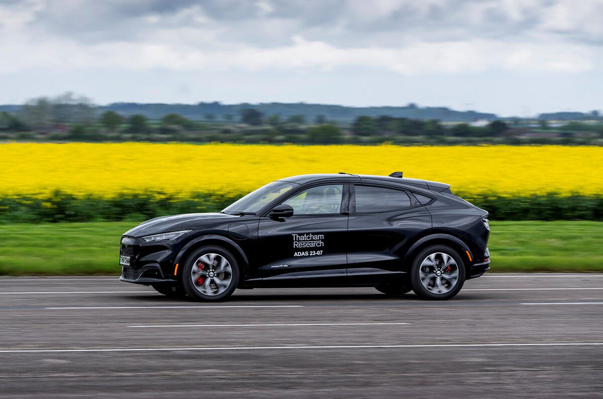 Thatcham Research'a Ford Mustang Mach-e on a test track