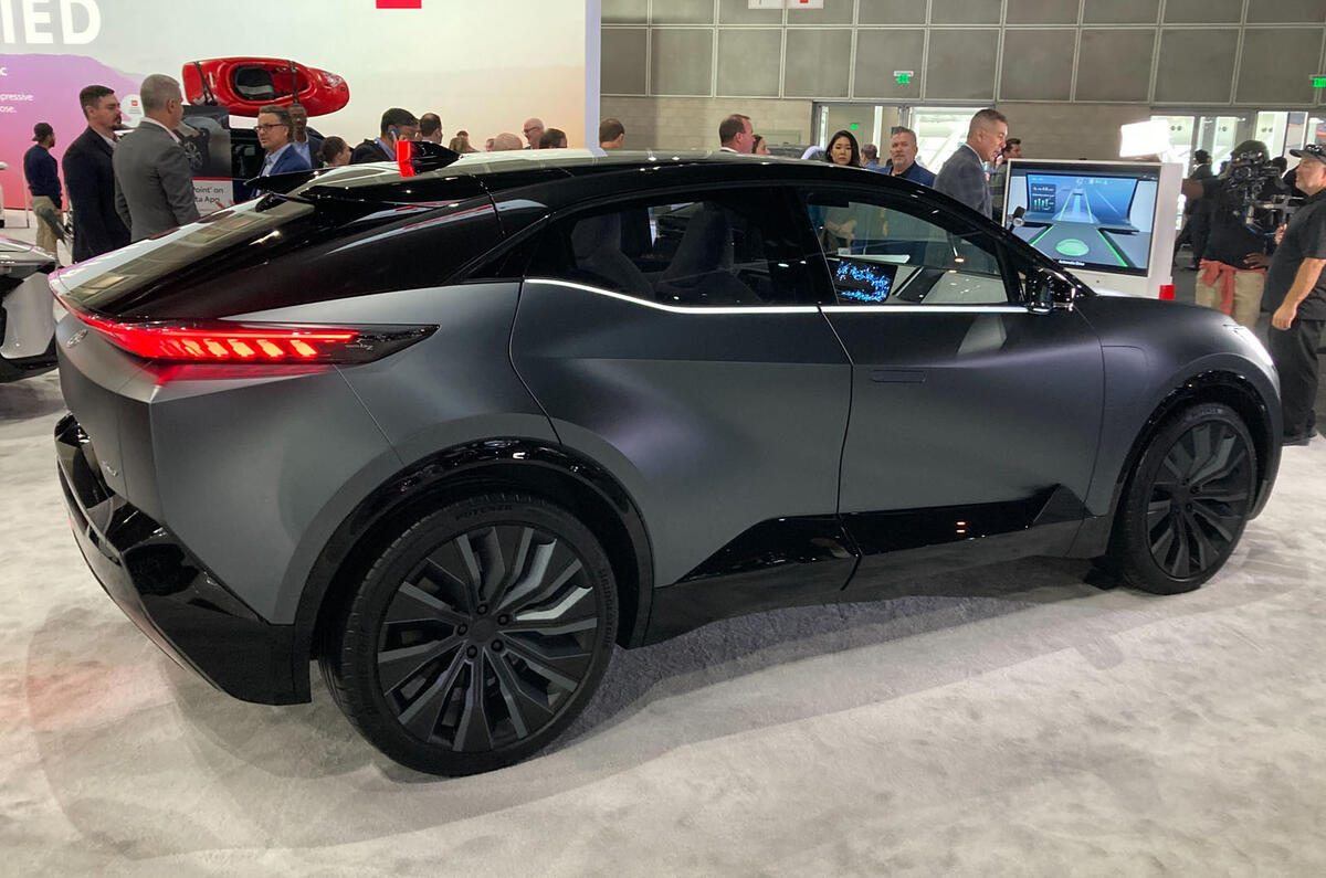 Toyota bZ compact crossover concept on show in Los Angeles rear quarter