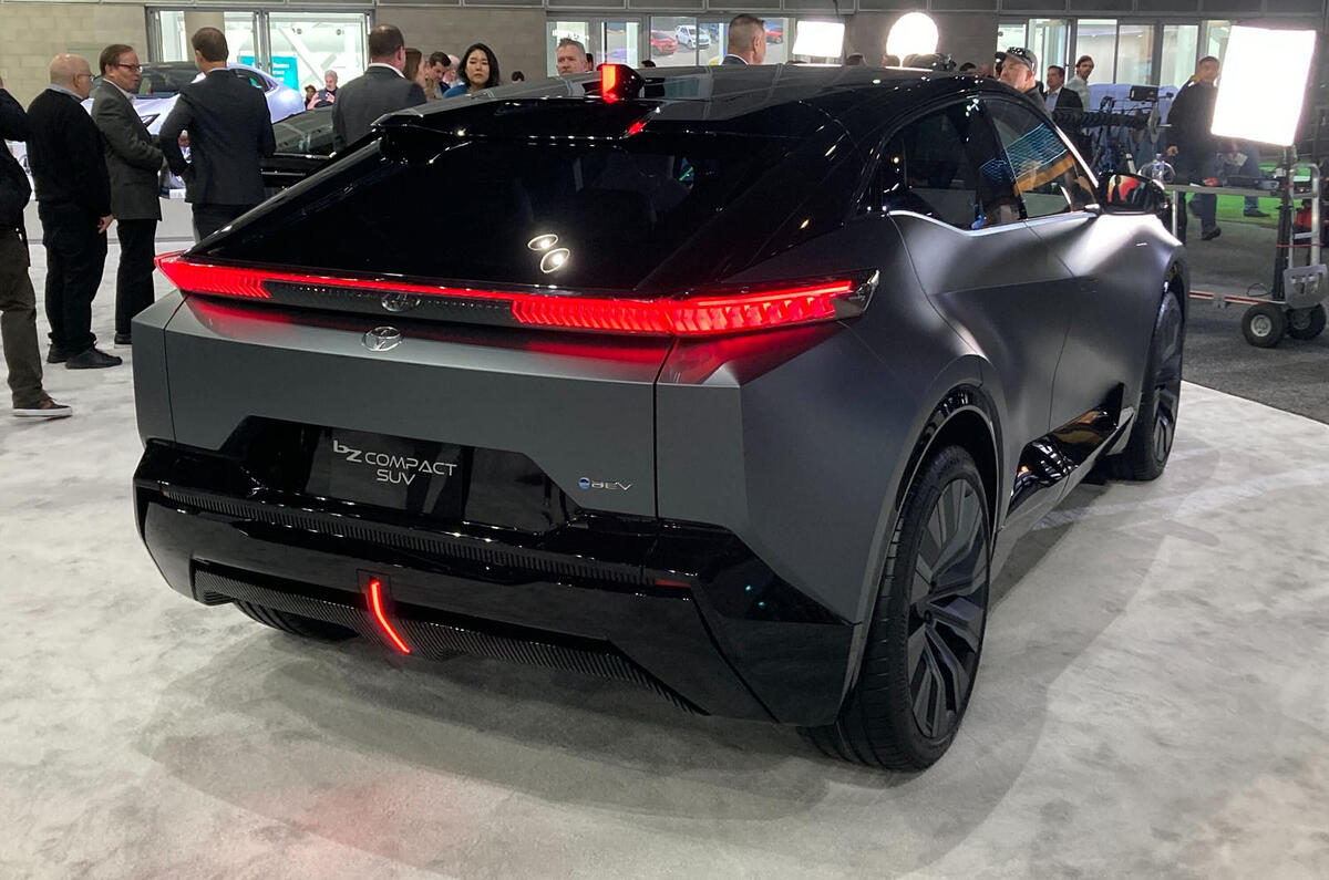 Toyota bZ compact crossover concept on show in Los Angeles rear Toyota bZ compact crossover concept on show in Los Angeles rear
