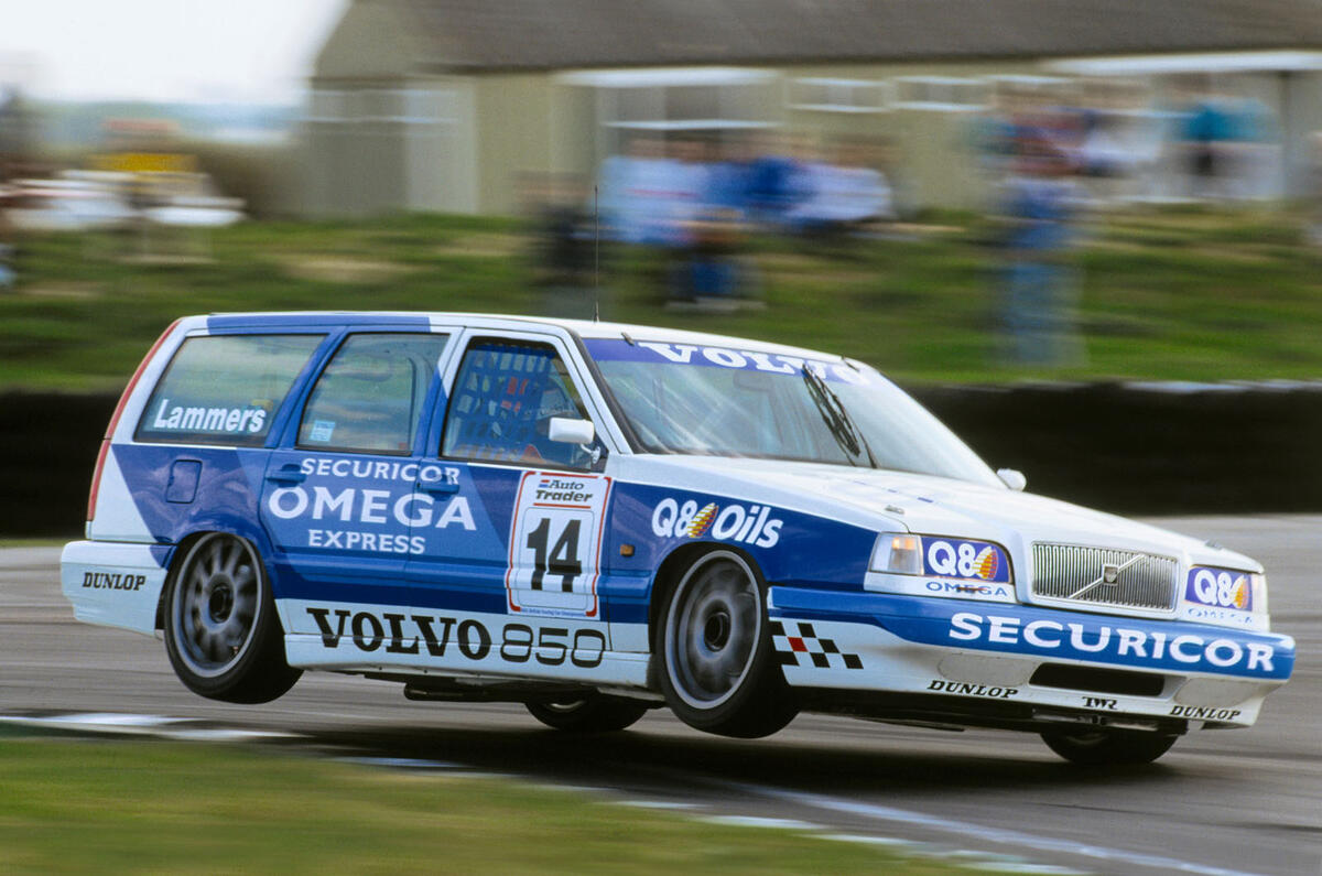 Volvo 850 BTCC racer cornering on two wheels