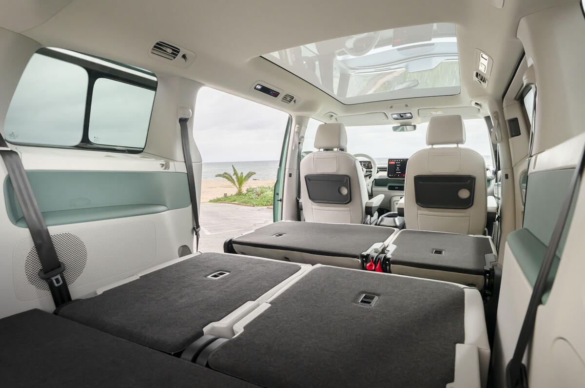 VW ID Buzz LWB seats folded from an angle