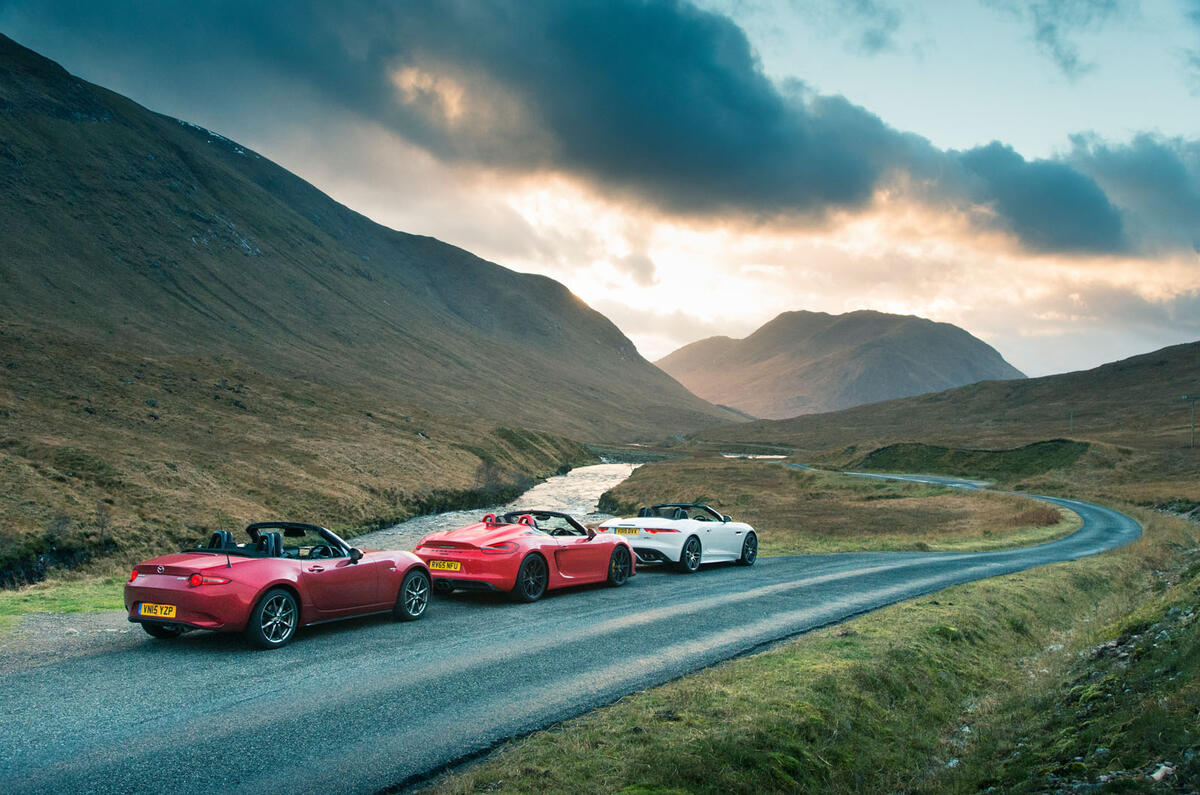 Porsche Boxster Spyder, Jaguar F-type and Mazda MX-5