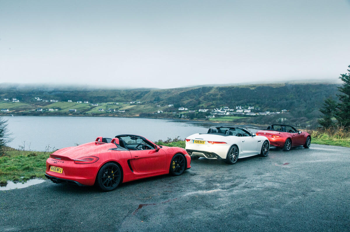 Porsche Boxster Spyder, Jaguar F-type and Mazda MX-5