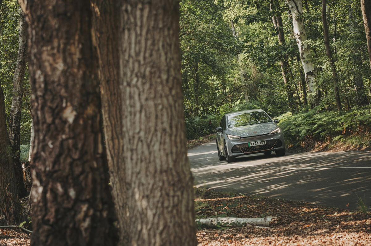 Cupra Born long term test hard cornering behind a tree Cupra Born long term test hard cornering behind a tree