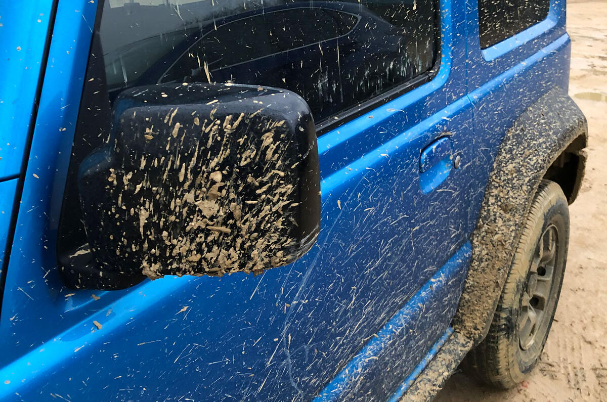 Suzuki Jimny 2019 long-term review - muddy wing mirrors Suzuki Jimny 2019 long-term review - muddy wing mirrors