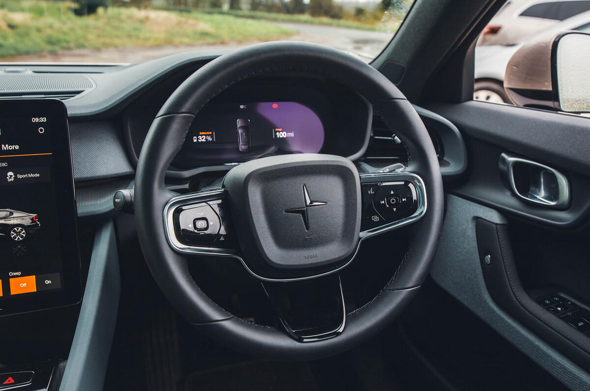 Polestar 2 steering wheel closeup Polestar 2 steering wheel closeup