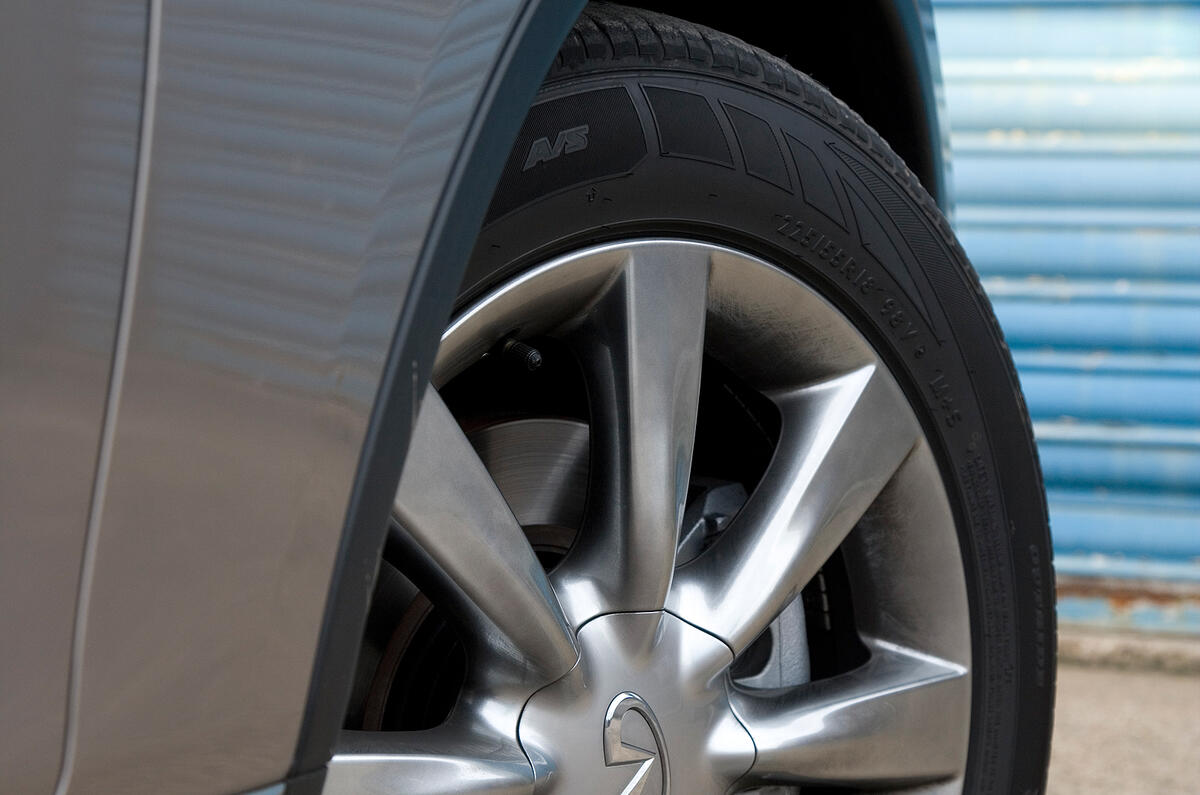 Front wheels do little of the driving unless slip is detected at the rear Infiniti EX alloy wheels