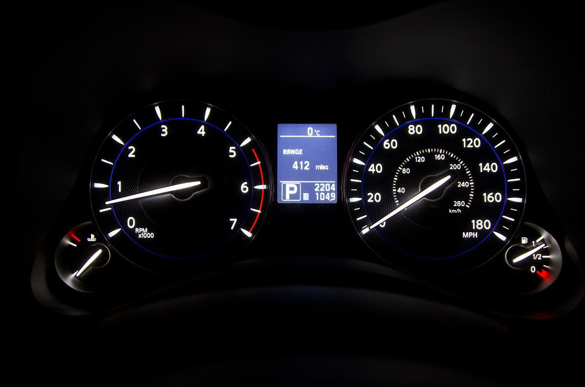Blue-lit dials look appealing and the font is easy to read Infiniti M instrument cluster