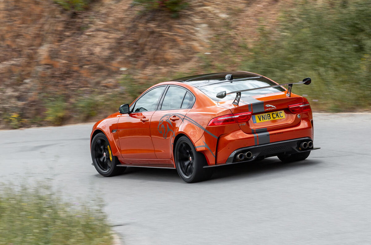 Jaguar XE SV Project 8 2018 road test review on the road rear