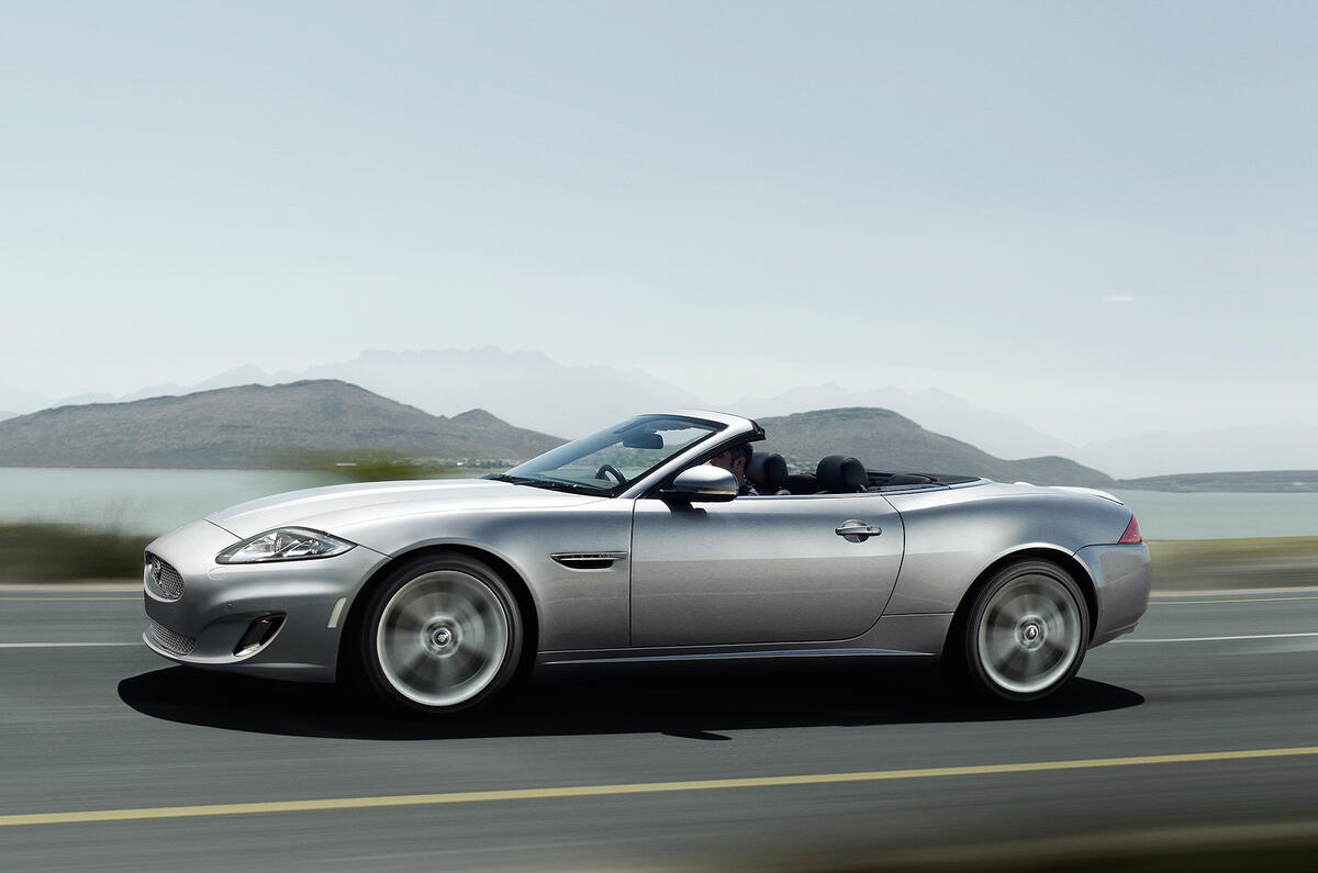Cabrio models allow unfettered access to the symphonic V8 Jaguar XK convertible side profile