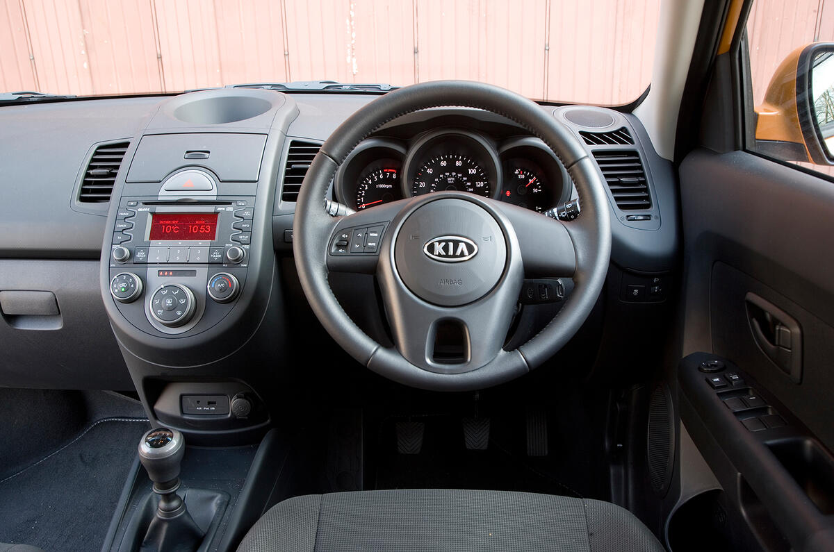 Manual air conditioning is standard, but the green 'on' light is distracting at night and there’s no lighting rheostat Kia Soul dashboard
