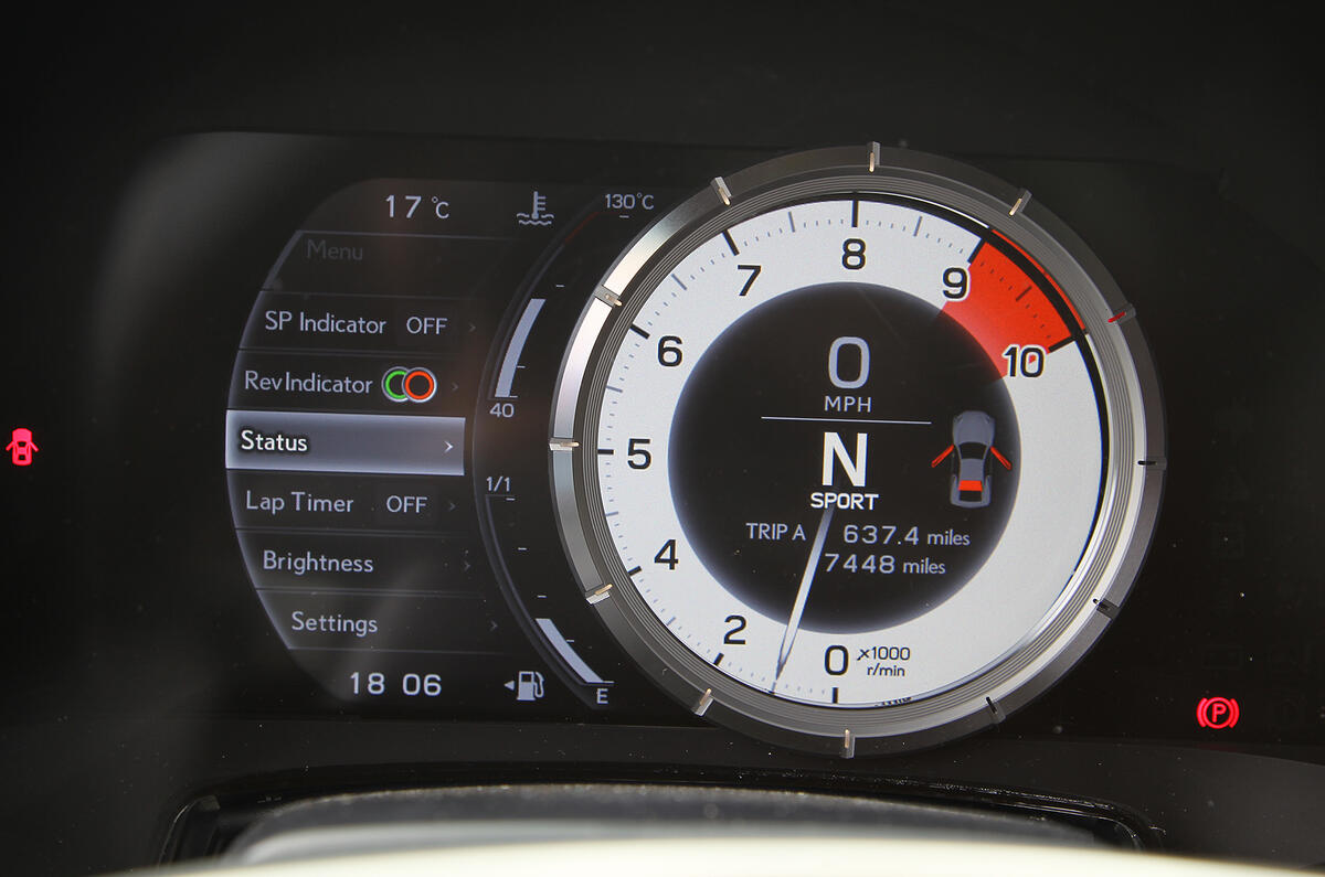 Futuristic revcounter turns white in Sport mode, normally centered it moves to the right for the main menu Lexus LFA instrument cluster