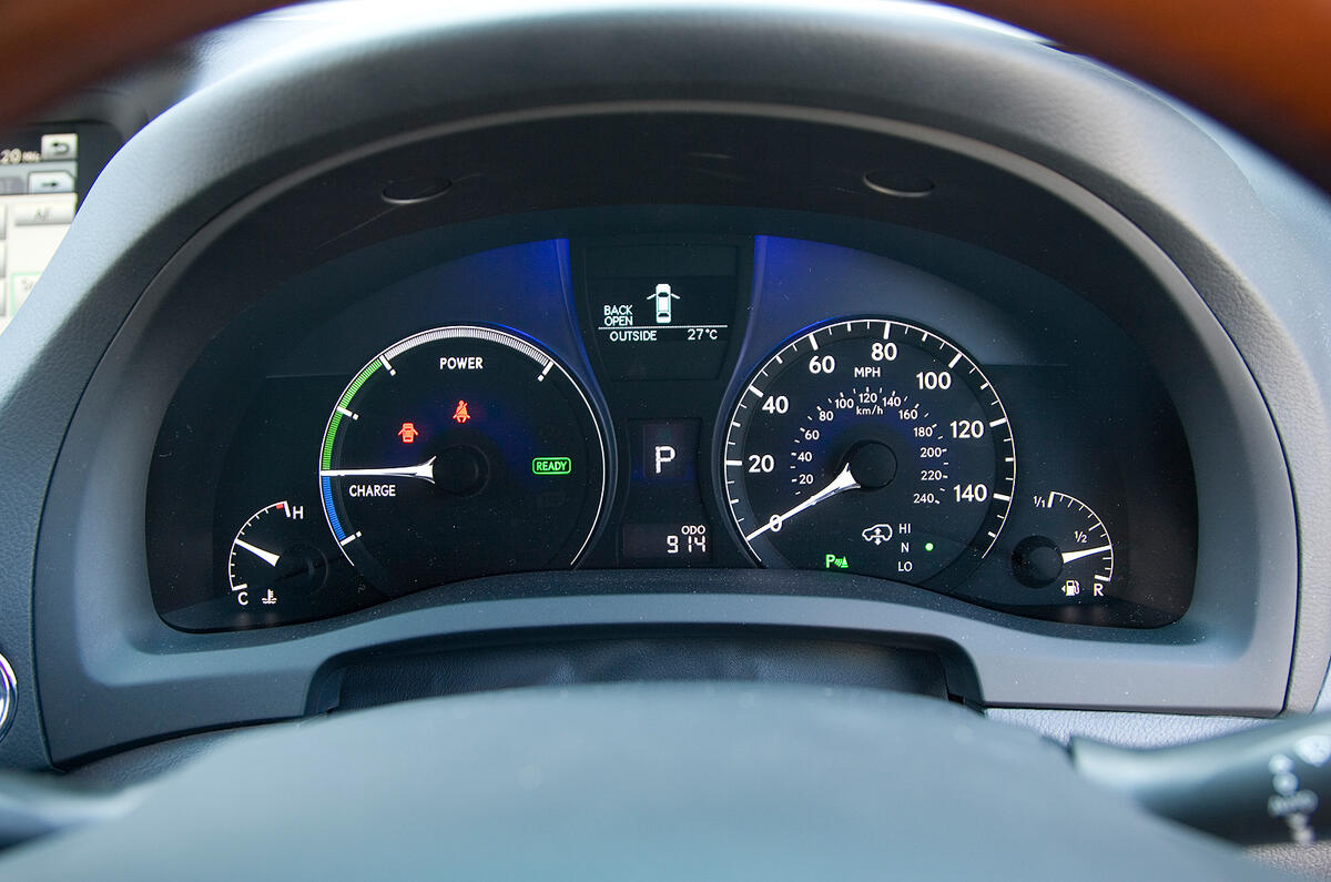 Rev counter is replaced by a power/charge meter, helping with economical driving Lexus RX instrument cluster