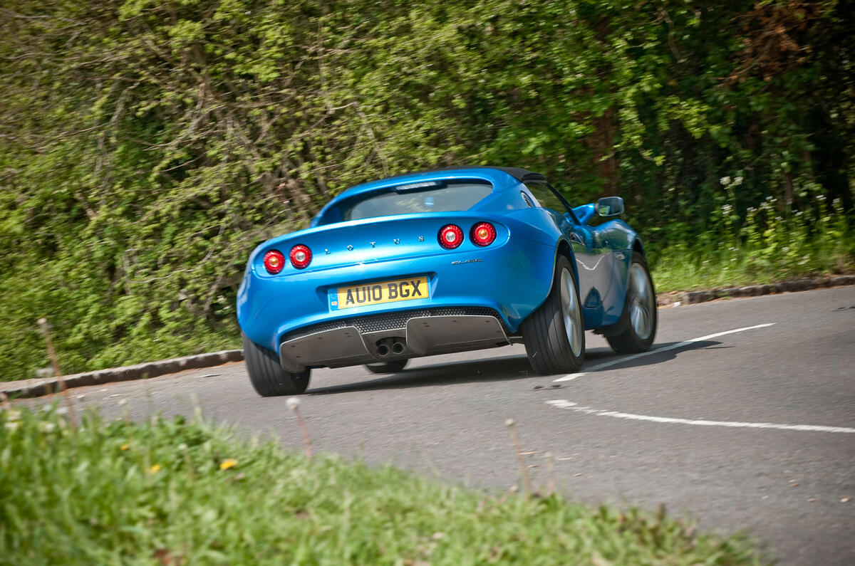 With 62 per cent of its weight over the rear, the Elise can spin with some commitment Lotus Elise rear cornering