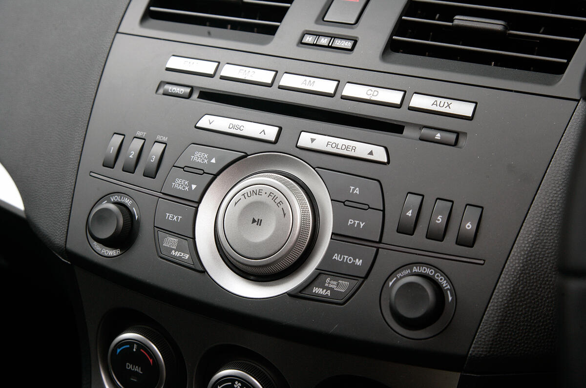 Stereo controls are a lesson in clarity and simplicity. The system sounds good, too, with great detail and well defined bass Mazda 3 audio system controls