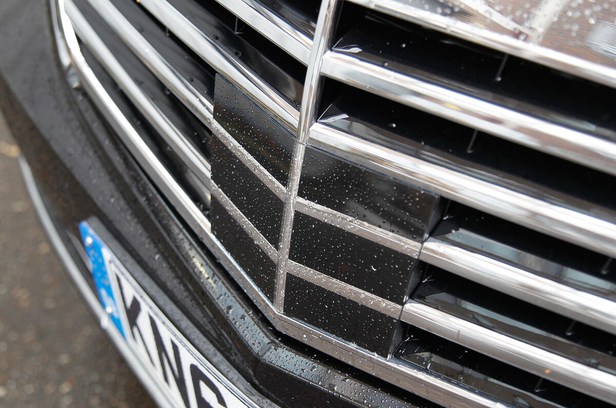 Radar-assisted cruise control is optional and can be spotted by the telltale black plate in the grille Mercedes-Benz S-Class front grille