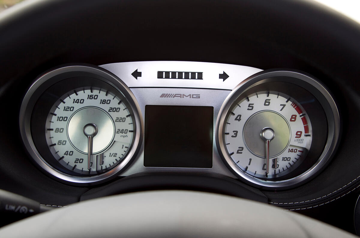 Dials are a low point: simple to read but disappointingly average to look at Mercedes-AMG SLS instrument cluster
