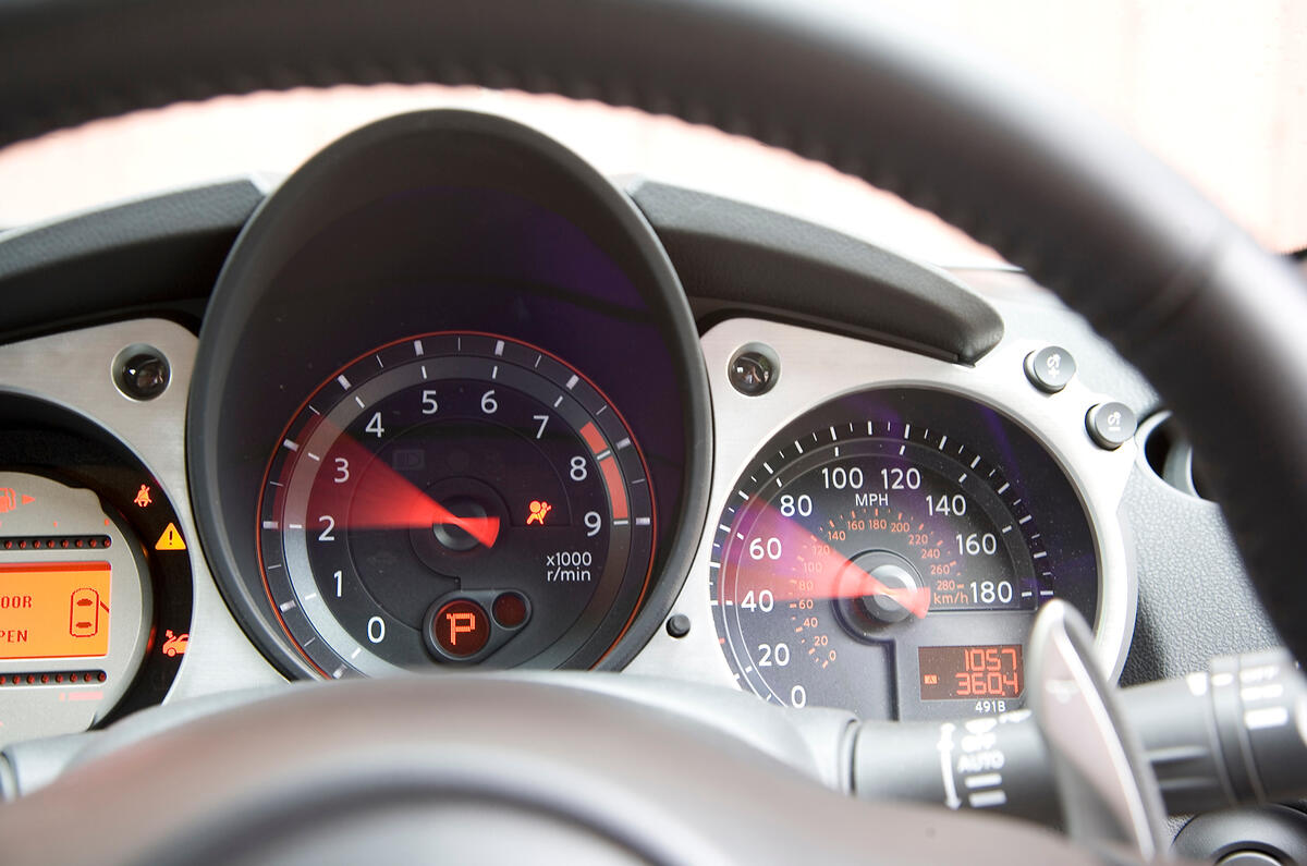 The entire dashboard console moves up and down as one with the steering wheel, but there’s no reach adjustment Nissan 370Z instrument cluster