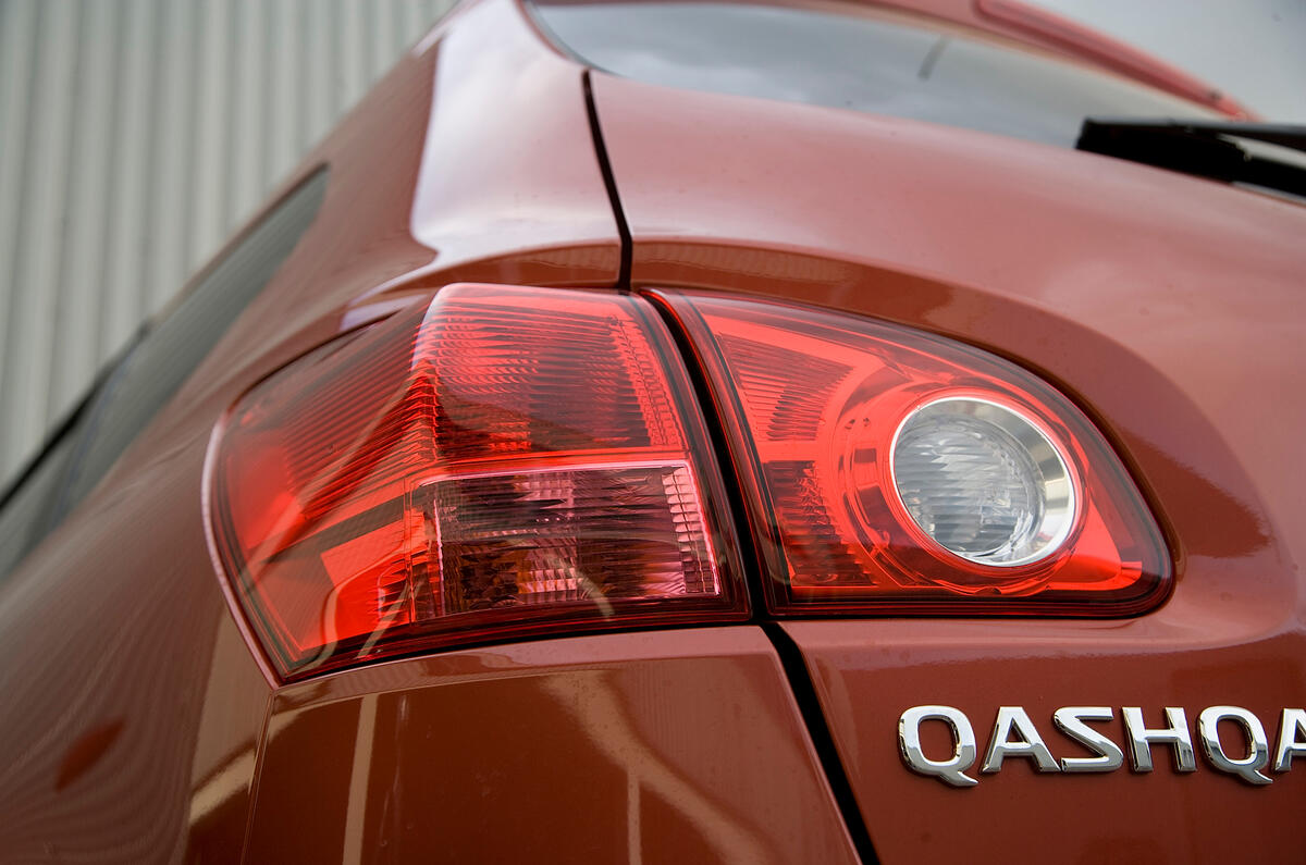 Qashqai's rear lights are high-set and clear, but can best be described as bland-looking rather than attractive Nissan Qashqai rear lights
