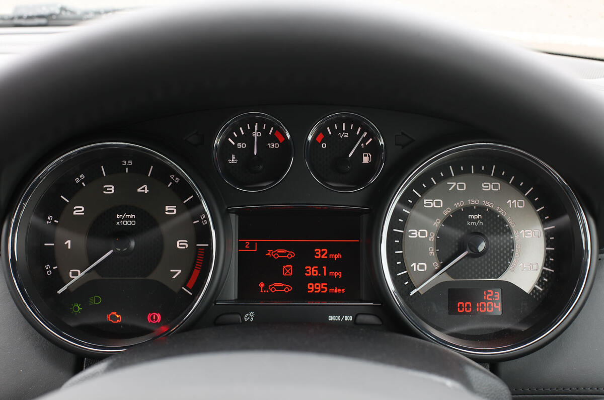 Chrome-rimmed dials look suitably high class Peugeot RCZ instrument cluster