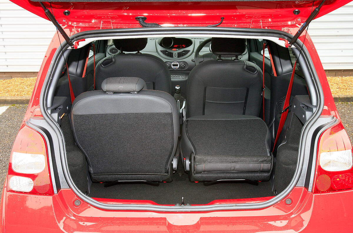 Bases of the seats fold up and out of the way to accommodate awkward loads Renault Twingo RS133 boot space