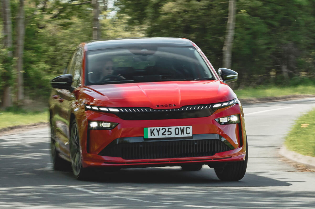 Skoda Enyaq 2025 Review front corner 83