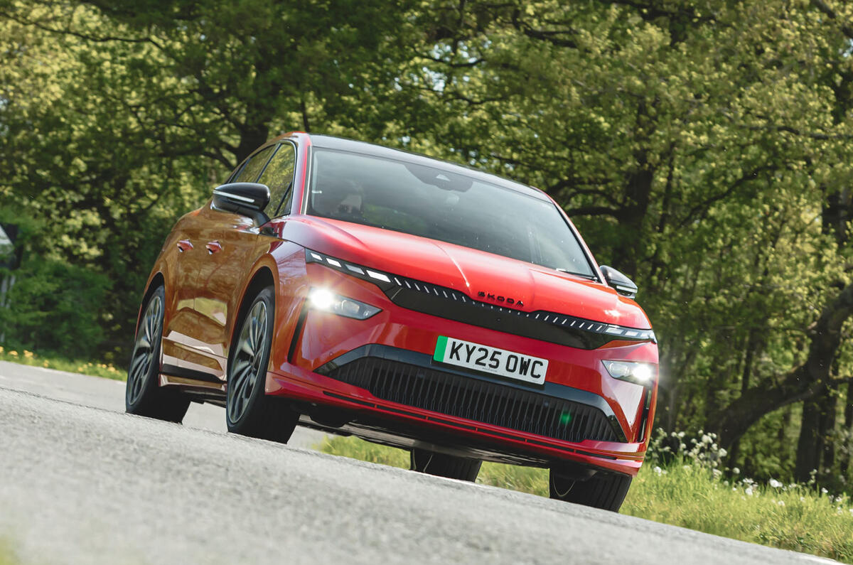 Skoda Enyaq 2025 Review front corner 91