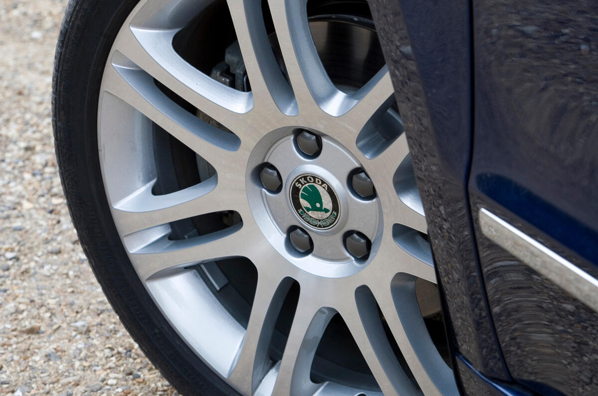 18in alloys fill the arches nicely; smaller wheels look inadequate 18in Skoda Superb alloy wheels