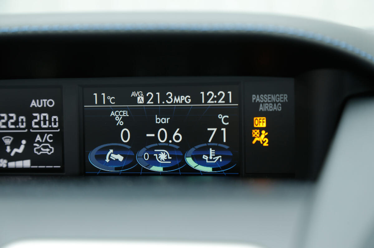 This 4.3in display shows the turbo and tyre pressures on the Subaru Levorg