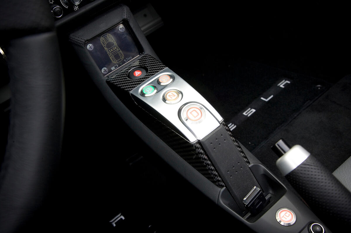 The heater, air conditioning and battery-sapping heated seats are controlled from here Tesla Roadster automatic gearbox