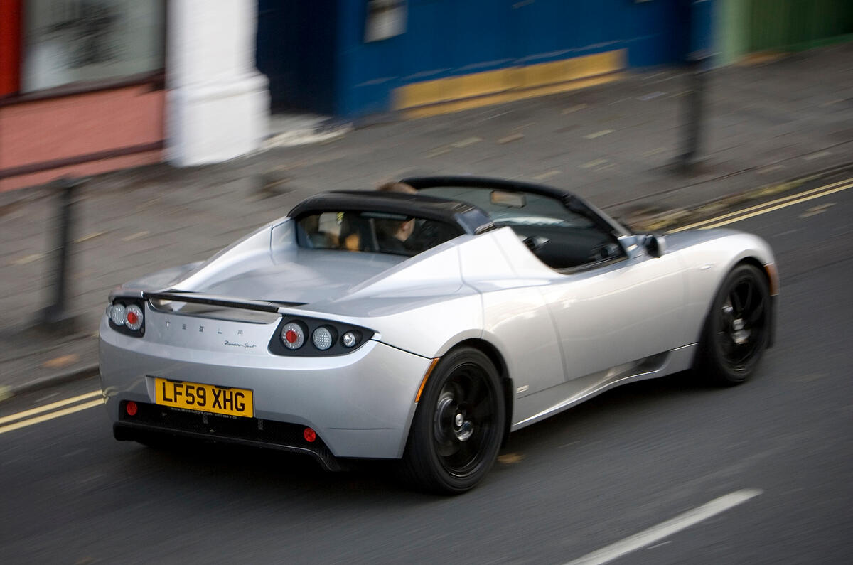 The power builds gradually to an 8000rpm peak before tailing off Tesla Roadster rear quarter